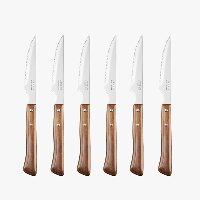 Steakmesser-Set 6-teilig - Perlschliffklinge zum Schneiden und Filetieren von Fleisch, Edelstahlklinge und Griff aus Buchenholz - Serie Mesa