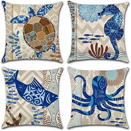 Wencal Ocean Style Decor Cotton Linen Throw Pillow Case Cover for Square 18x18 Inch Pillow Inserts, Pack of 4