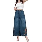 Tozamil Women Wide Leg Jeans High Waist Embroidery Wide Leg Jean Palazzo Pants Casual Loose Denim Pants with Pockets
