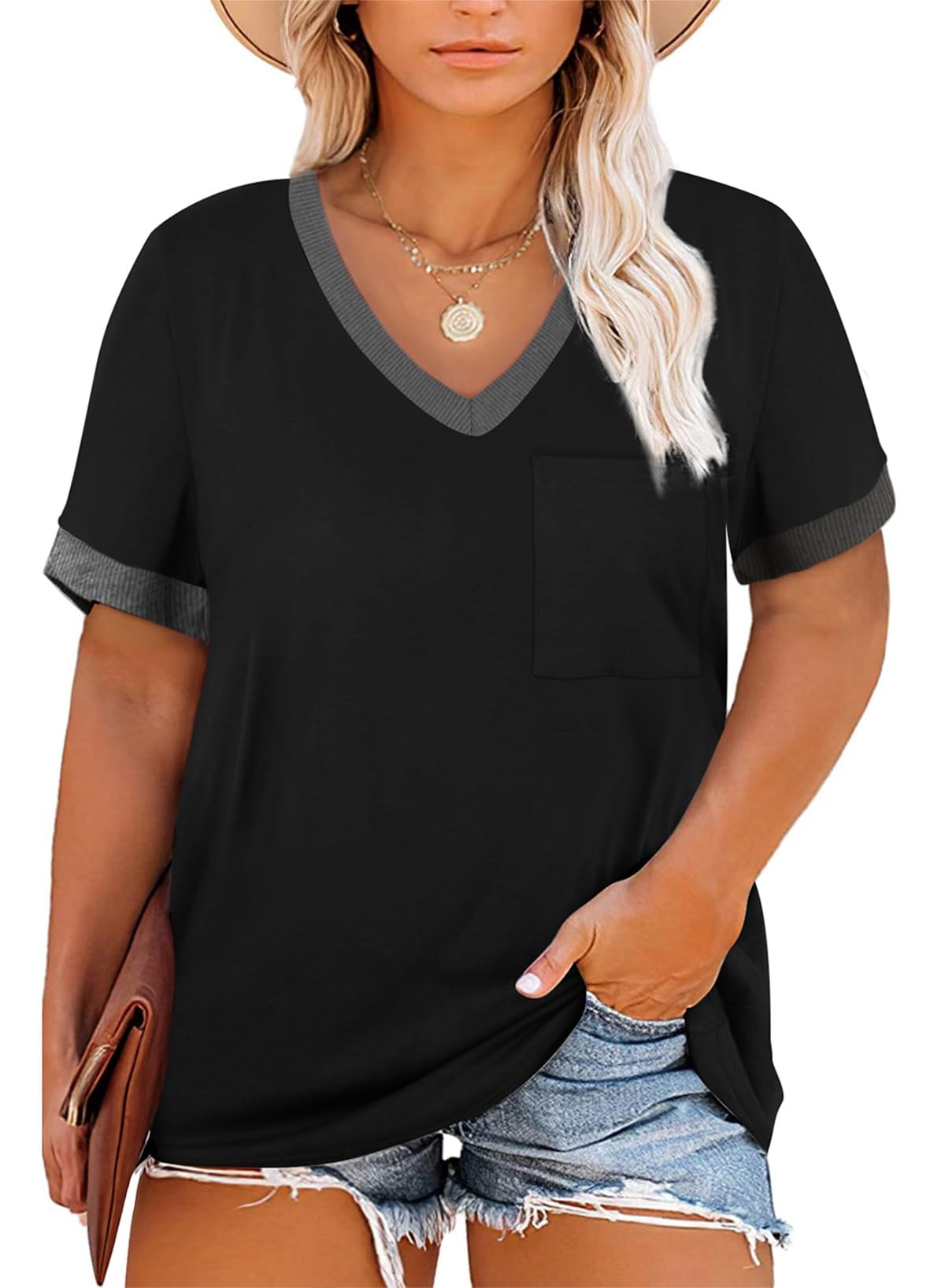 Eytino Women's Plus Size V-Neck Striped Top - Loose Fit Short Sleeve Blouse With Pocket