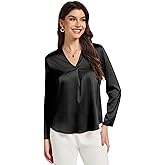 LUIGRAD Womens Silk Satin Blouses V Neck Long Sleeve Tops Casual Dressy Shirts