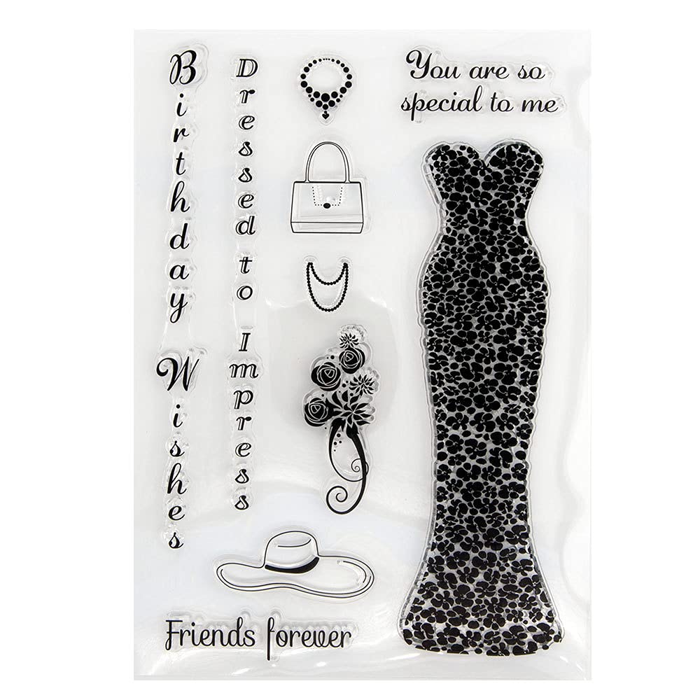 arriettycraft Floral Dress Clear Stamps Birthday Wishes Hat Bag Necklace Mother's Day Silicone Stamps for Card Making Decoration and DIY Scrapbooking