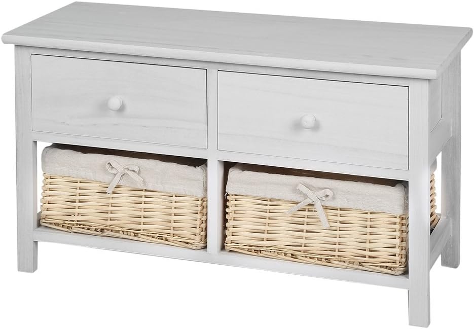ICOCO Wooden Storage Unit Bench with Two Natural Wicker Drawers Baskets Bedside Table Cabinet Nightstand Wardrobe Standing Furniture Light Gray