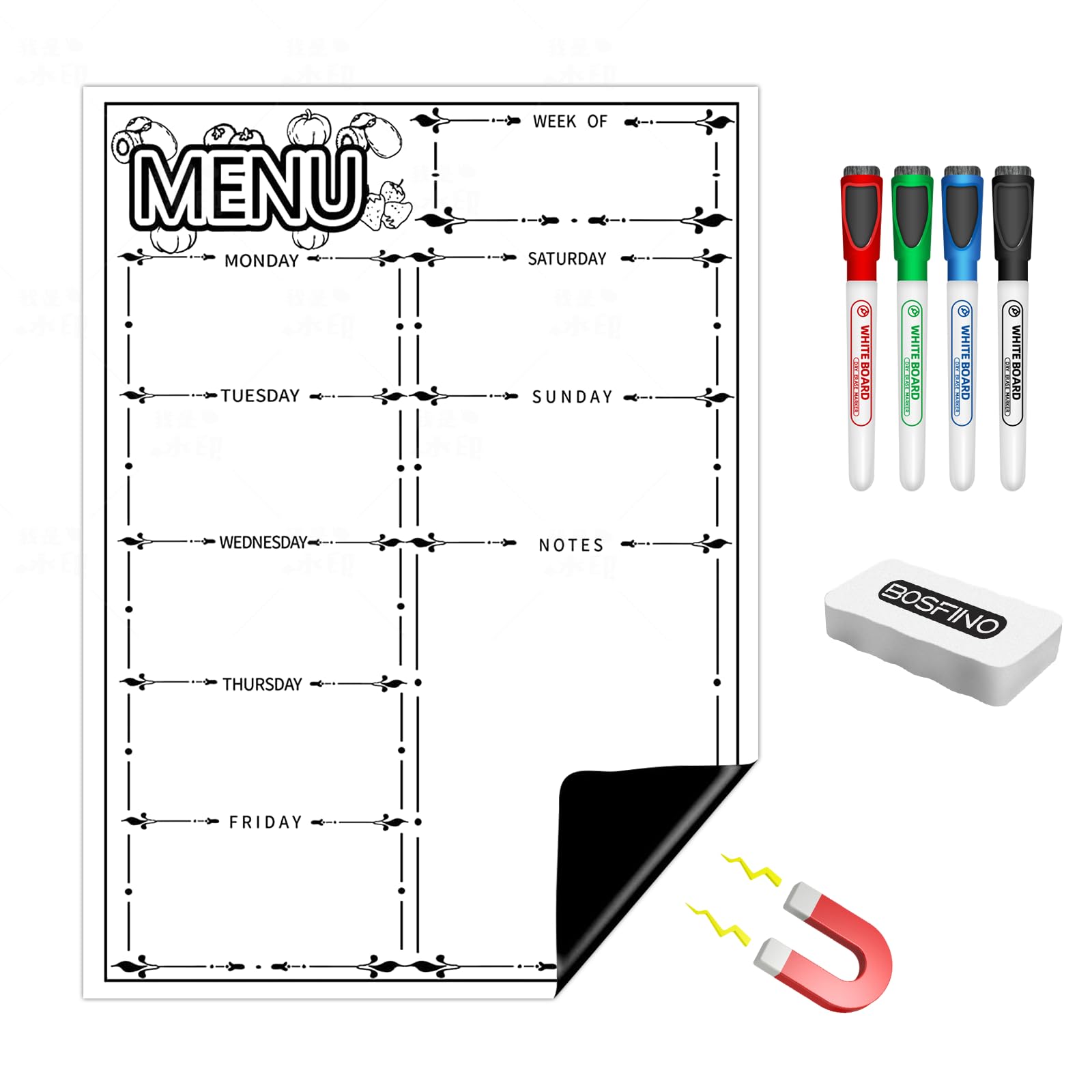 Fridge Dry Erase Board Calendar, Magnetic Refrigerator Dry Eraser Weekly Menu Meal Planner Family Calendar Organiser 16" x 12" Weekly Menu Planner with Grocery List and Notes (White)
