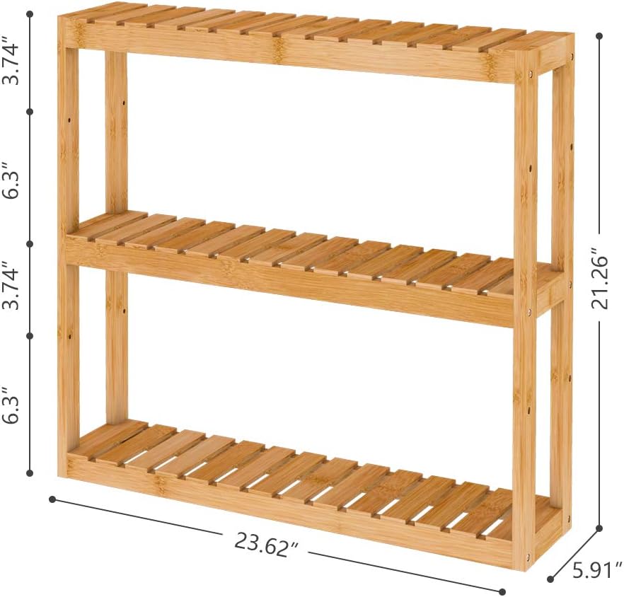 Domax Bamboo Bathroom Shelf 3-Tier Wall Mount Storage Rack Multifunctional Adjustable Layer Free Standing Over Toilet Utility Shelves Living Room Kitchen (Bamboo) - - 