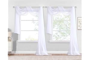 NICETOWN White Sheer Window Scarf 216 inch Extra Long, Soft Voile Textured Bed Canopy Scarf Curtains for Event Designs/Home Decor, 60 inches Wide, Set of 2