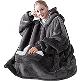 Touchat Wearable Blanket Hoodie, Oversized Sherpa Fleece Sweatshirt Blanket with Giant Hood Pocket and Sleeves for Adult, Warm &amp; Cozy Grey Blanket Gifts for Women