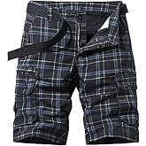 Men's Plaid Cargo Shorts Lightweight Multi Pocket Casual Short Pants Summer Outdoor Loose Shorts No Belt