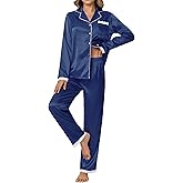 Ekouaer Satin Pajamas for Women Silk Long Sleeve Sleepwear Button Down Loungewear 2 Pieces Lace Soft Pjs Set
