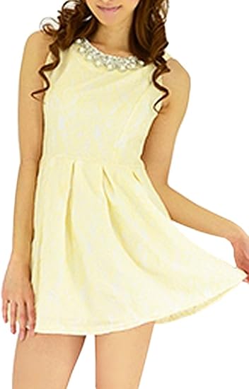 Amazon スモーキーパステルレースパール スパンミニパーティードレス結婚式二次会ワンピース F イエロー ワンピース チュニック 通販