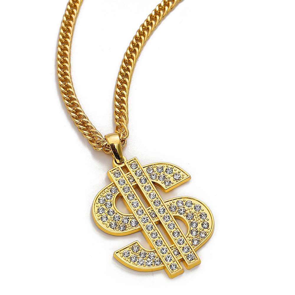UEJUNBO Gold Chain with Dollar Sign Big Money Necklaces for Men Women,Stainless Steel Iced Out Rhinestone Jewelry,Fashion Pendants with 28 Inches Chain
