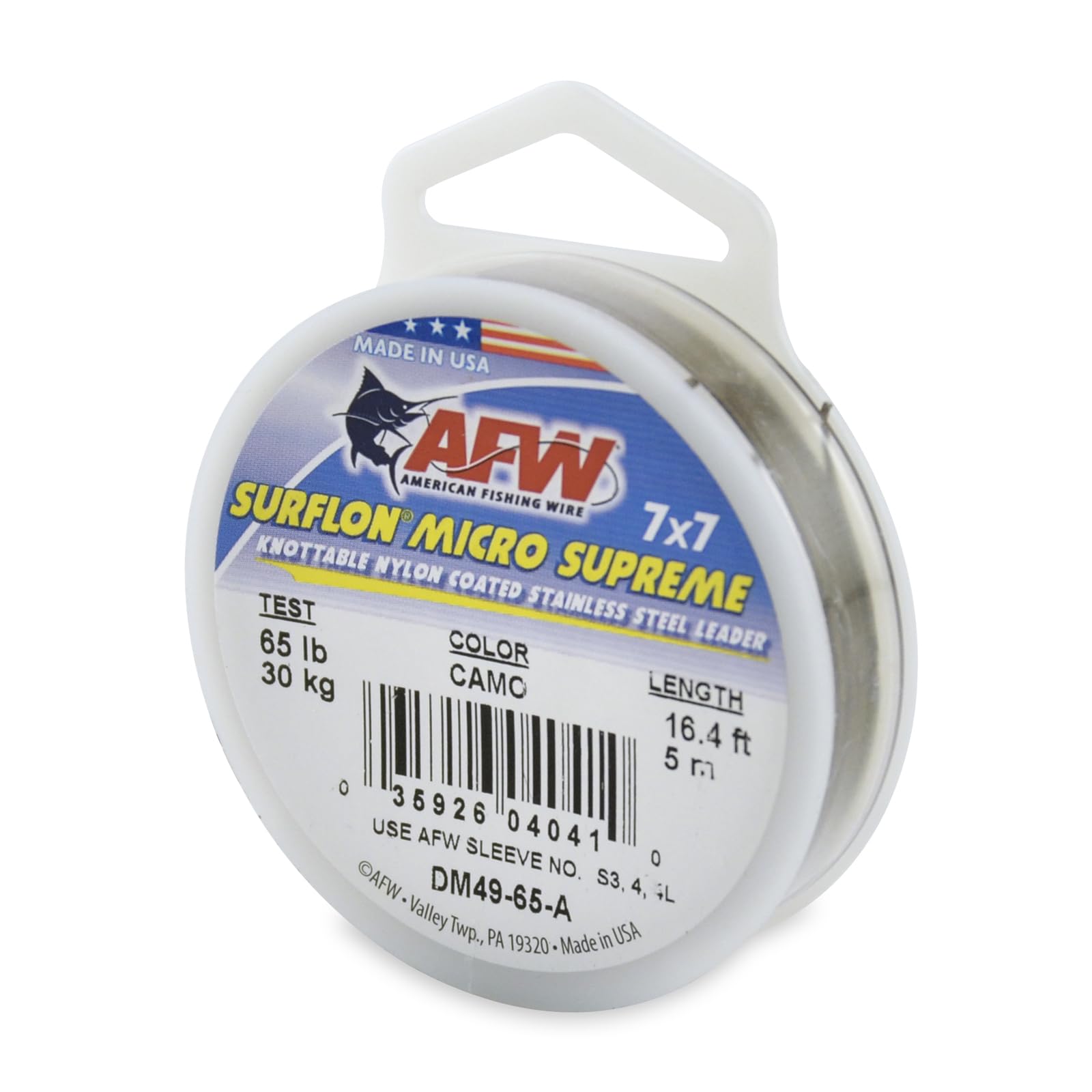 American Fishing Wire Surflon Micro Supreme, Nylon Coated 7x7 Stainless Steel Leader Wire, 65 lb Test, 030" Diameter, Camo, 5 m