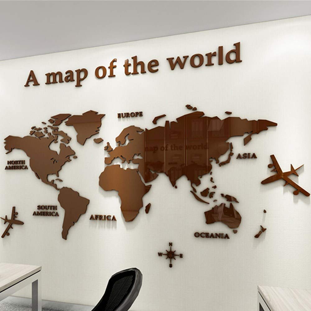3D World Map Stickers Wall Decoration Art Sticker for Office Study Living Room Bedroom Sofa Background Room Decor Wall Decals Stickers (280 * 146cm, Brown)