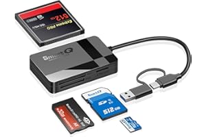 SMARTQ SD Card Reader, Memory Card Reader 4 in 1 USB C USB 3.0 Dual Connector Adapter Simultaneously Read SD MS CF TF Cards Supports Micro SD/Micro. Compatible with desktops, tablets, and USB-C smartphones