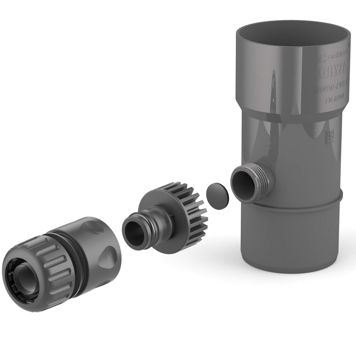 BRYZA Gutter Drain for Rainwater Tank DN110mm, Graphite, Rainwater Collector, Downpipe, Garden Hose, Quick Coupling