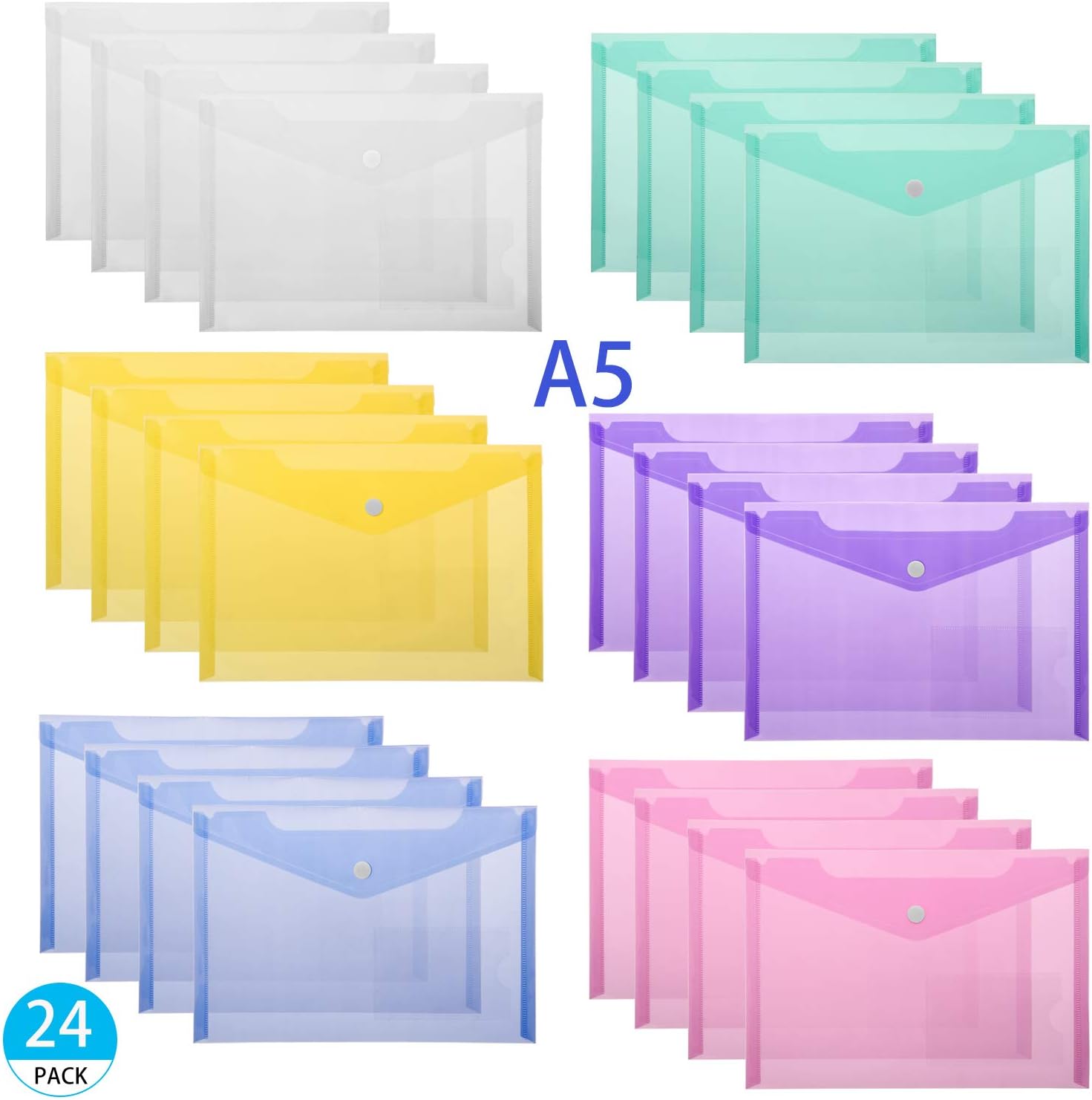Plastic Envelopes Wallets, MerryNine 24 Pack A5 Clear Document Folder, for School Home Work Office Organization