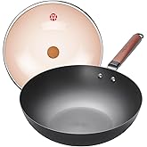 WANGYUANJI 12.6" Carbon Steel Wok Pan with Lid, Lightweight Stir Fry Pan with Flat Bottom, Induction Compatible Chinese Cookware for Electric, Gas & Glass Top Stoves, No Coating, 2.5lb