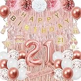 21st Birthday Decorations for Her,Rose Gold Happy 21st Birthday Banner Balloon Hanging Swirls Tassel Curtain Pompom Party Supplies Decor