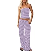 Fnortc Womens Striped Two Piece Outfit Strapless Tube Top Wide Leg Pants Matching Set Summer Beach Vacation Lounge Wear