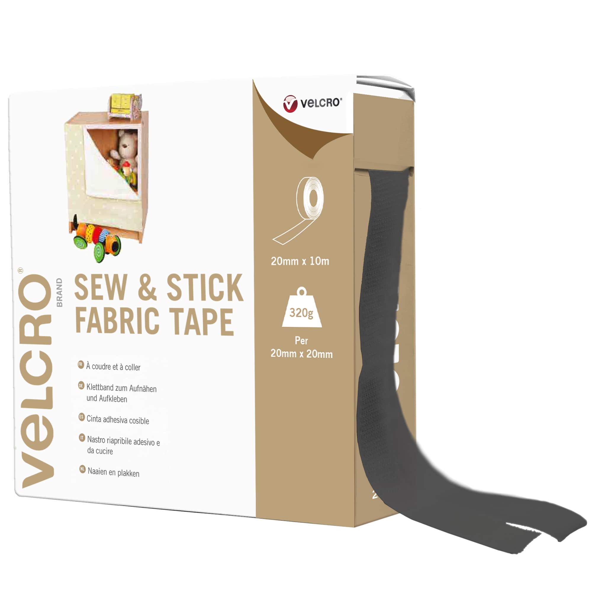 VELCRO Brand VEL-EC60262 Black Stick Tape, Multipurpose Sew On Hook and Loop Fabric Adhesive with Sticky Back-Perfect Solution for Clothing Repairs & Hemming, 20mm x 10m