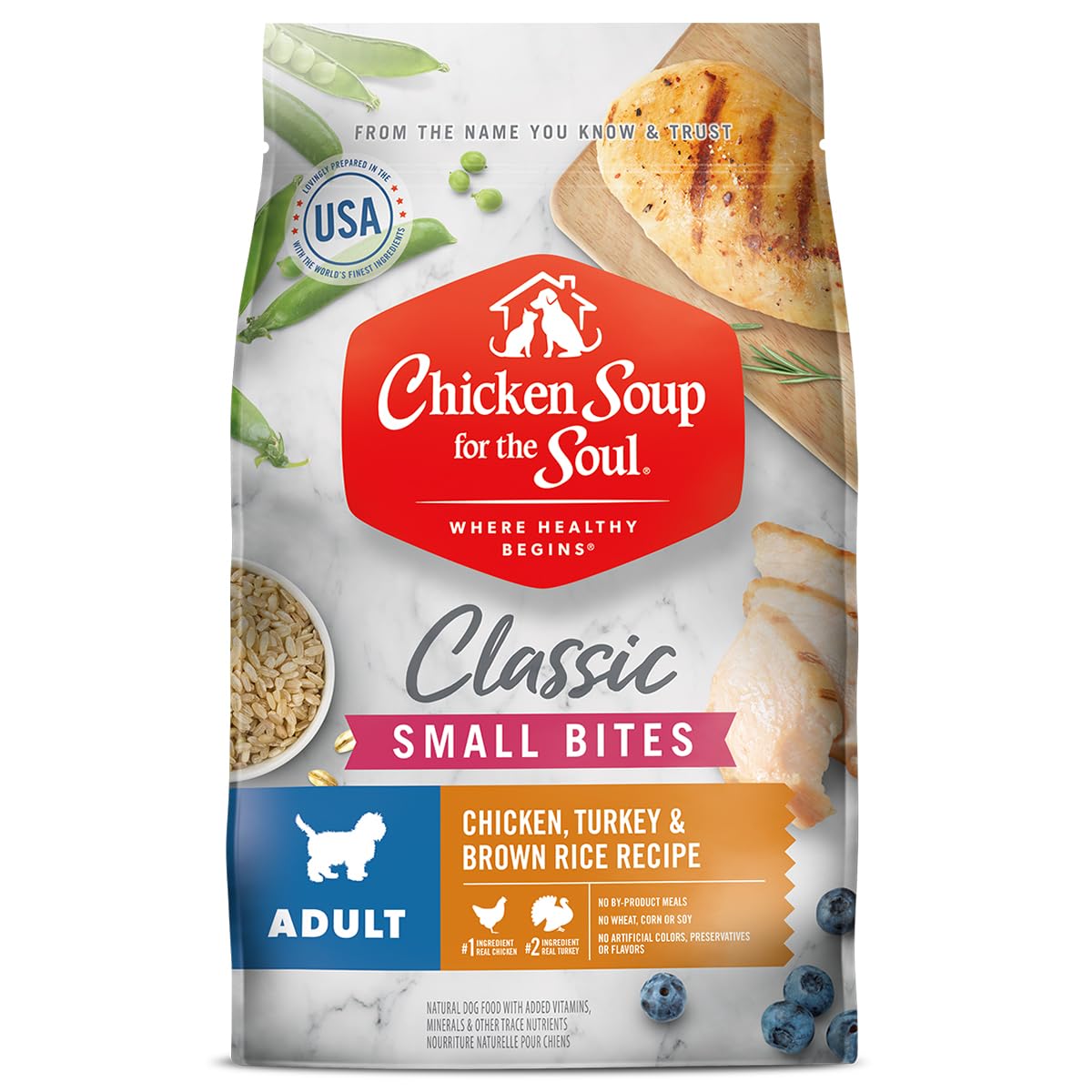 Photo 1 of *EXP:08/270/26* Chicken Soup for The Soul All Natural Premium Small Bites Adult Dry Dog Food, Real Meat First Ingredient, No by-Products, Supports Gut & Immune Health, Chicken, Turkey & Brown Rice, 28lb