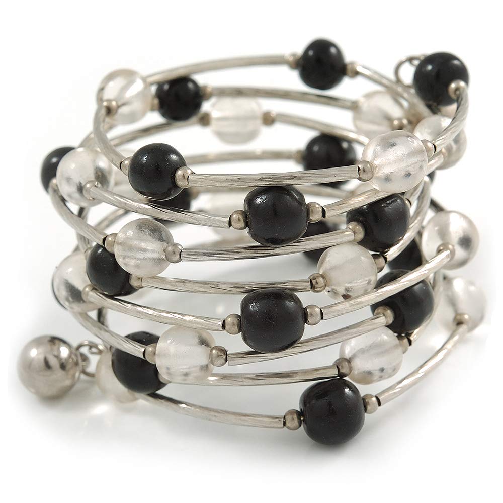 Avalaya Wide Multistrand Black and Transparent Acrylic Bead Flex Bracelet In Silver Tone - 17cm L