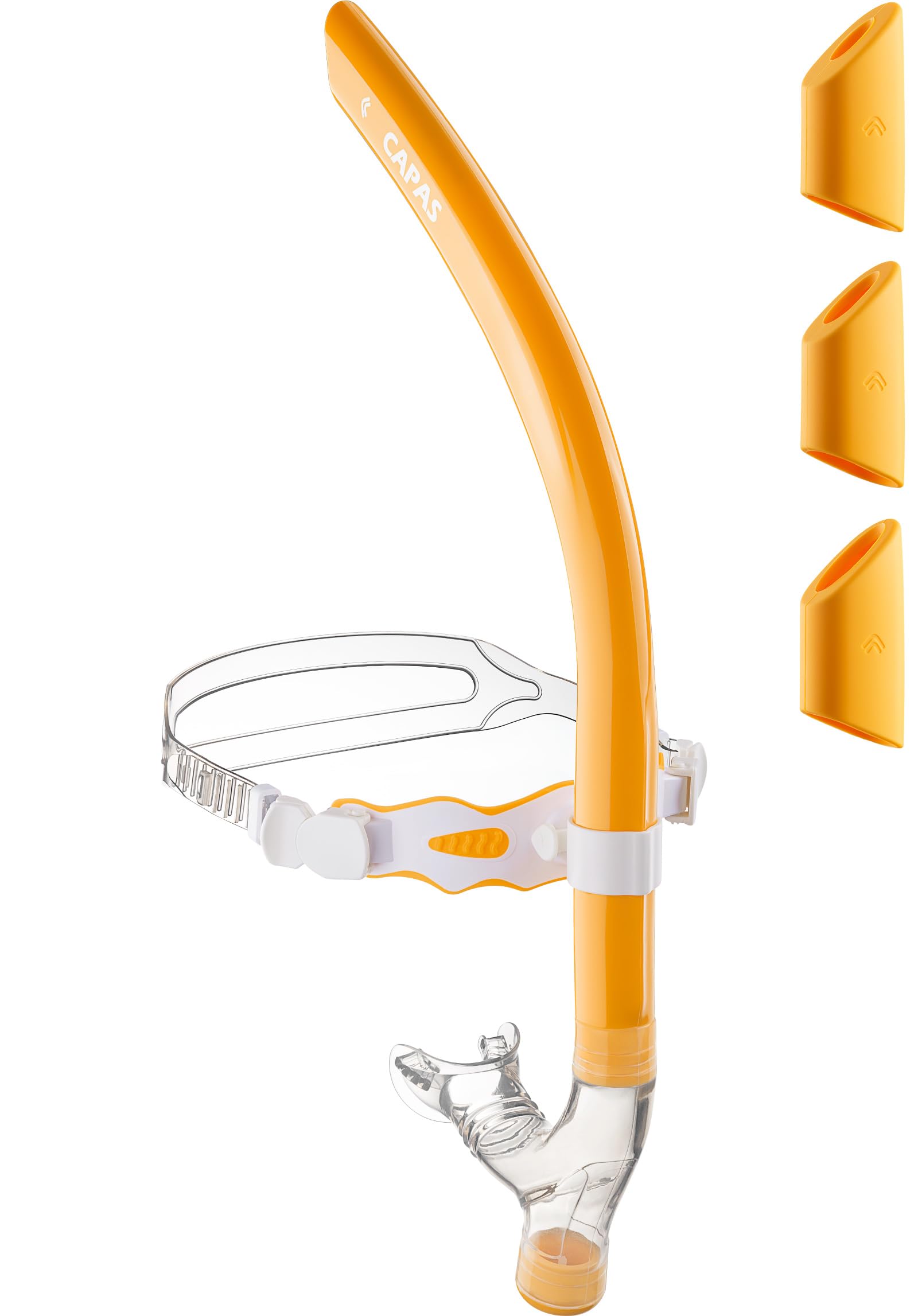 CAPAS Training Swim Snorkel for Lap Swimming, Ultimate Fit Center-Mount Swimmers Snorkel with Liquid Silicone Mouthpiece Adjustable Strap Swivel Headband, Designed for Adult Men Women (Orange White) — image 1