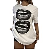 Floerns Women's Lips Print Half Sleeve T Shirts Oversized Summer Tee Shirts
