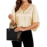 CiCiBird Women's V Neck Silk Blouse with Metal Detail 3/4 Bell Satin Sleeve Shirts Dressy Casual Pleated Tops