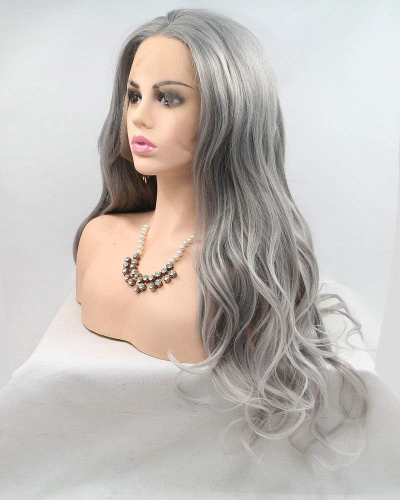 24" Replacement Natural Light Grey with Tips Lace Front Wig Heat Safe Long Wave 13x3" Pre Plucked Synthetic Hair Pastel Gray Wigs for Women Ladies Cosplay Makeup Party Travel Wigs Layered Design - Image 5