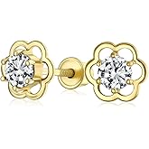 Tiny Minimalist AAA Gemstone CZ Birthstone Colors Cluster Open Flower Yellow 14K Real Gold Stud Earrings For Women Teen Secure Screw back