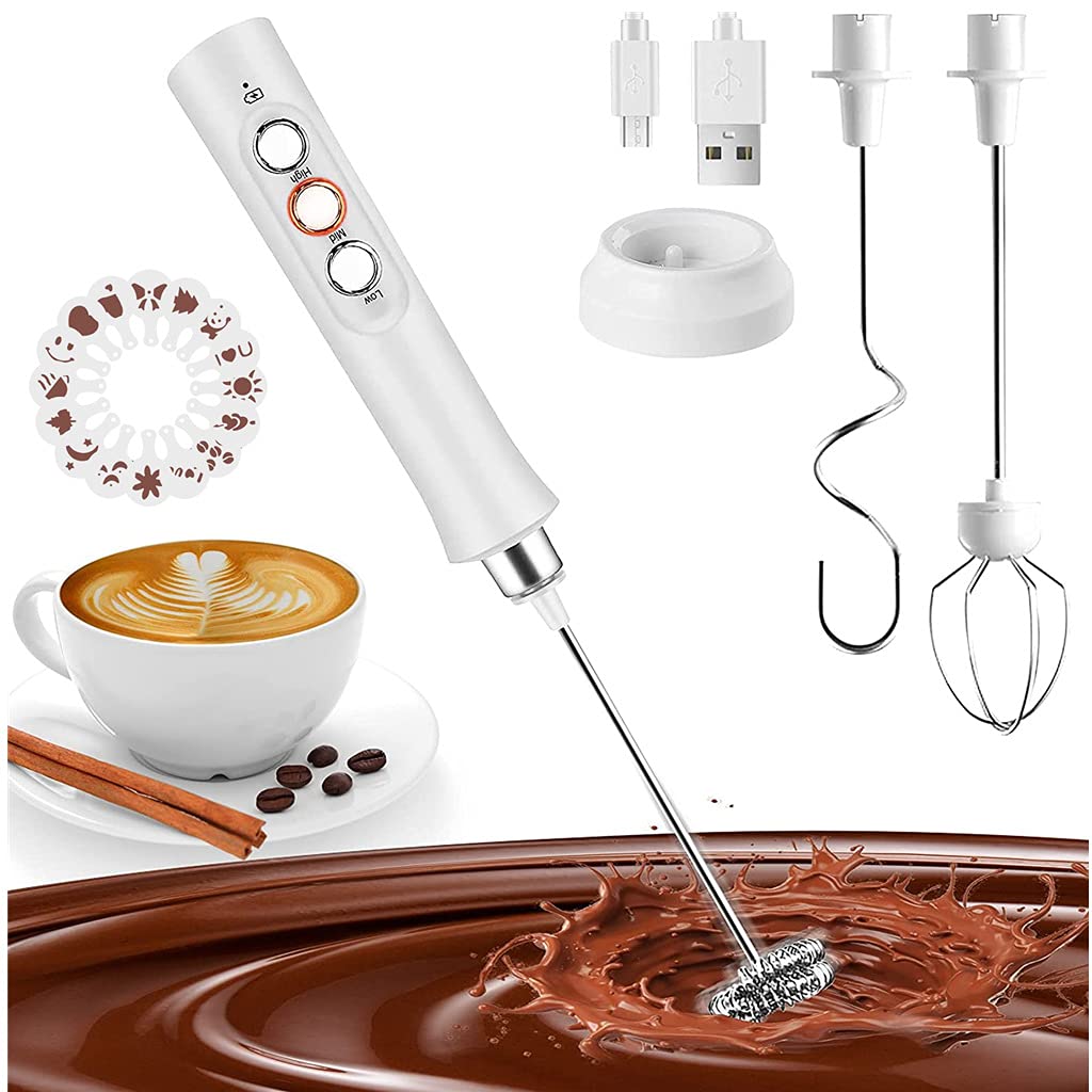 MEETOZ Milk Frother Quiet Hand held Frother Whisk, USB Recharge able 3 Speeds for Cappuccino,Lattes,Egg Mix, Matcha, Hot Chocolate, 3 Stainless Steel Whisks(16Pcs Art Stencils Free) (White)