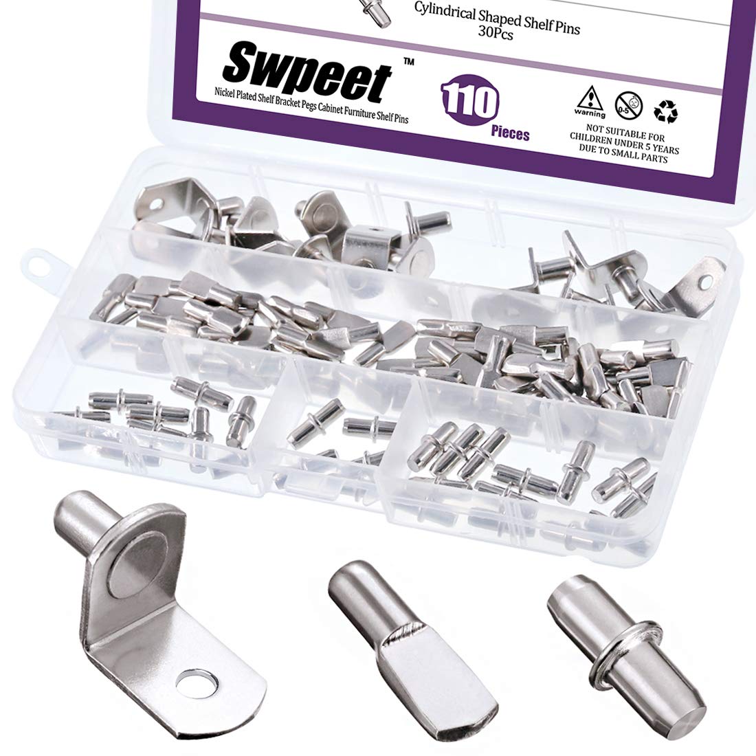 Swpeet Nickel Plated Shelf Pins Kit, 110Pcs 3 Styles, Stainless Steel, Silver Tone, Up to 6 mm Diameter, Dowel Pin Type, Includes Bracket, Spool, Cylindrical Shaped Pegs