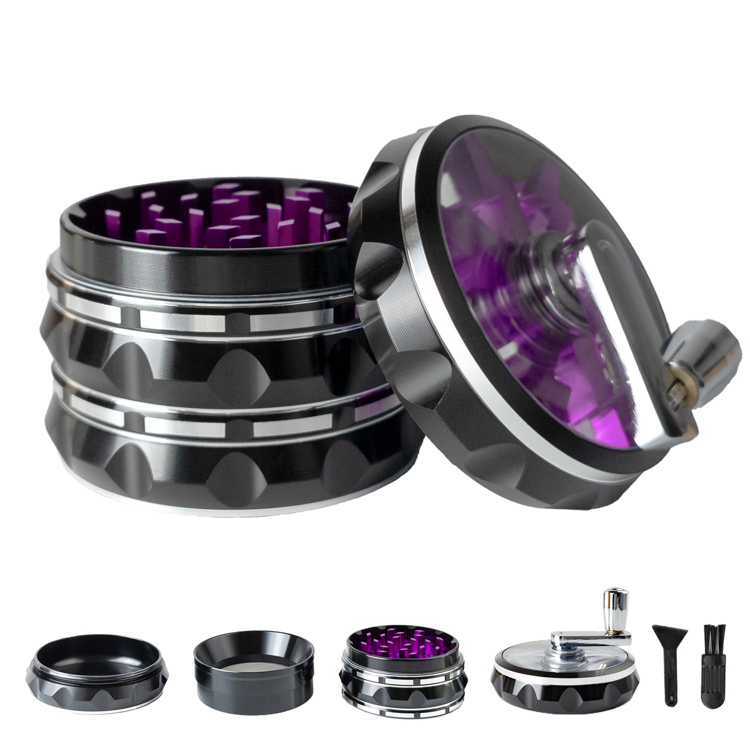 Clear Top Herb Grinder Metal Large 2.5'' Large 4-Part, Aluminum Alloy Spice Grinder with Foldable Handle,Pollen Scraper and Cleaning Brush (Black Purple)