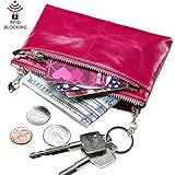 Itslife Triple Zipper Leather Mini Coin Purse Card Holder with Key Chain(Rose)