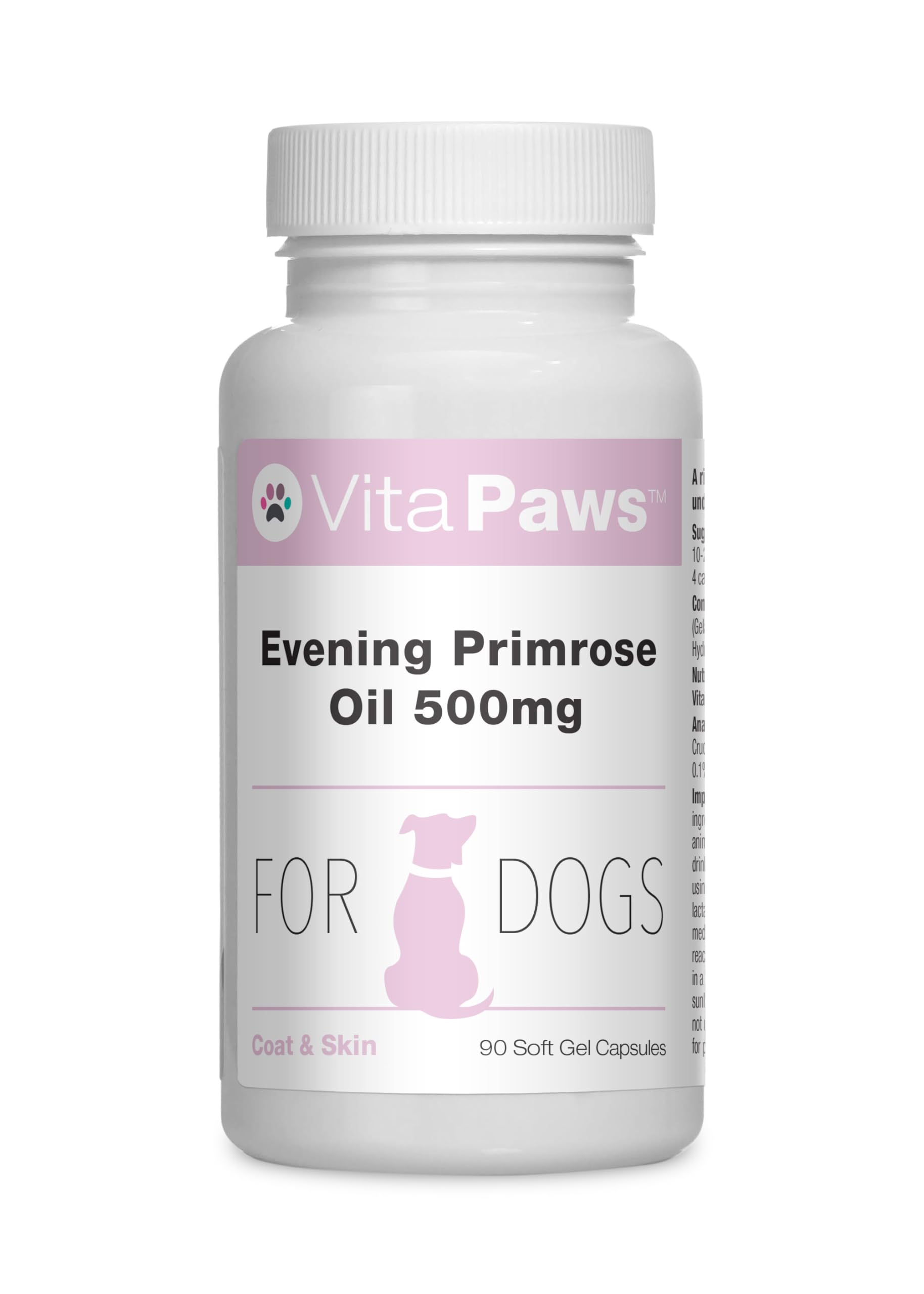 Evening Primrose Oil 500mg for Dogs by VitaPaws™ | 90 Soft Gel Capsules | for A Healthy Heart and Circulation | Manufactured in The UK