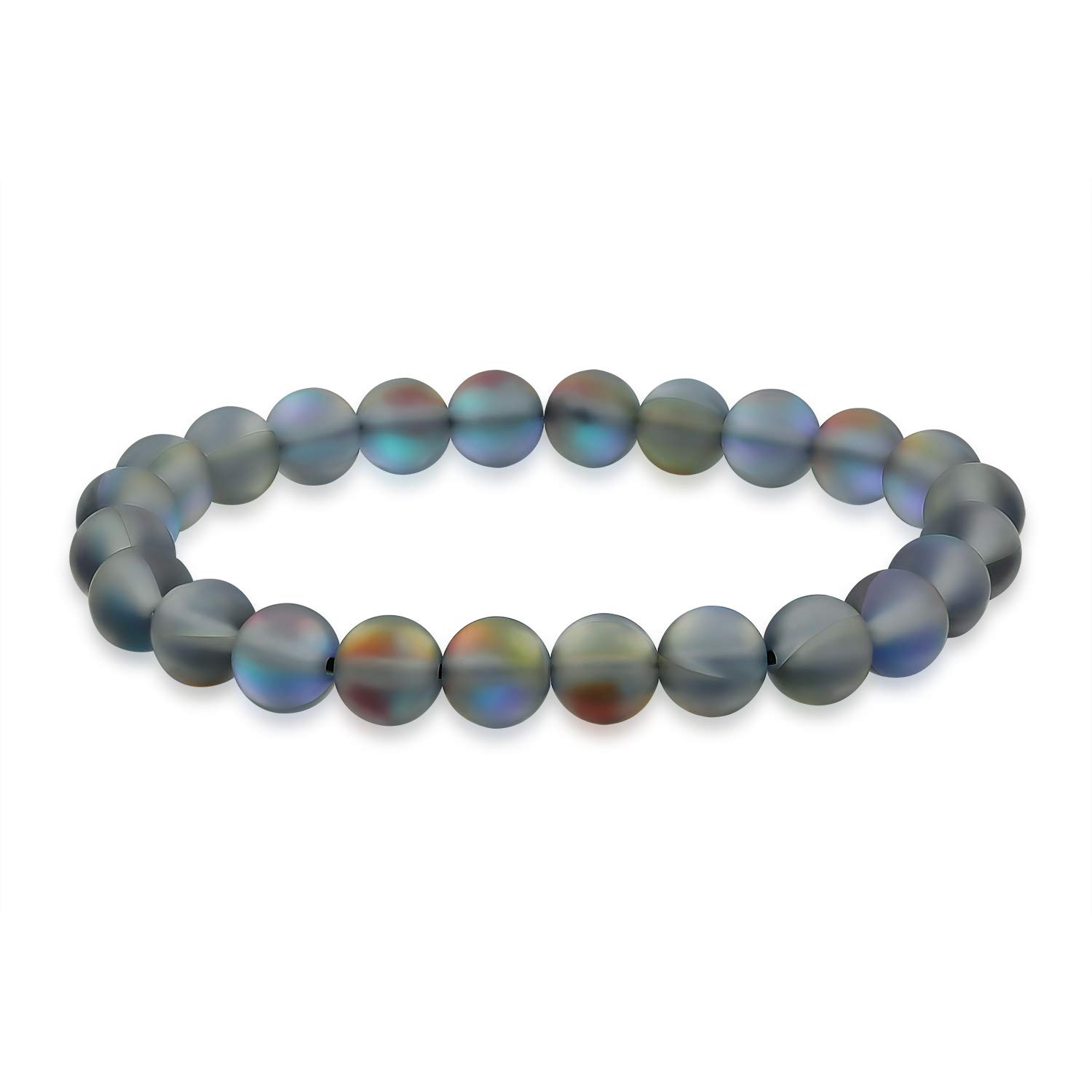 Bling Jewelry Rainbow Iridescent Created Blue Moonstone Round Bead 8MM Stacking Strand Stretch Bracelet For Women Men Teen Unisex