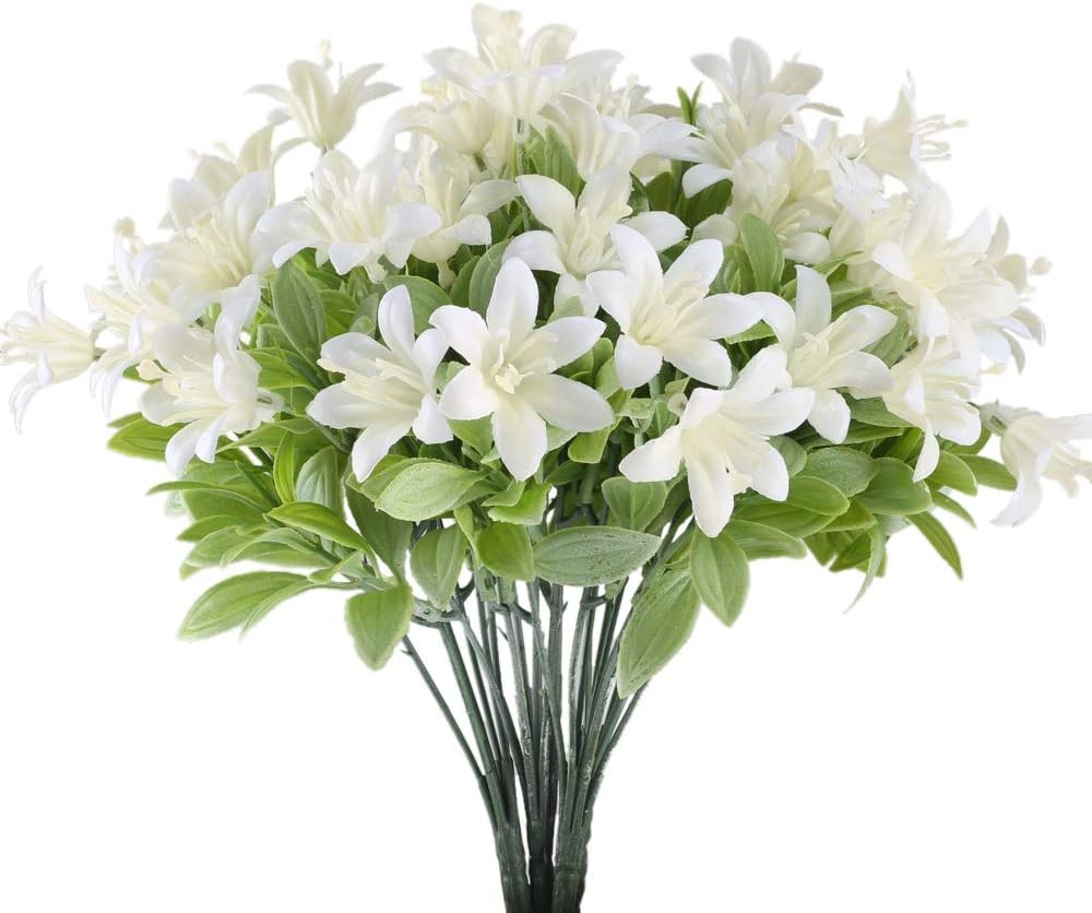 MIHOUNION Artificial Fake Flowers 4Pcs Realistic Plastic Flowers Greenery Shrubs Plants Bushes Indoor Outdoor UV Resistant Tiger Lily for Hanging Basket Wedding Vase Cemetery Decor Ivory