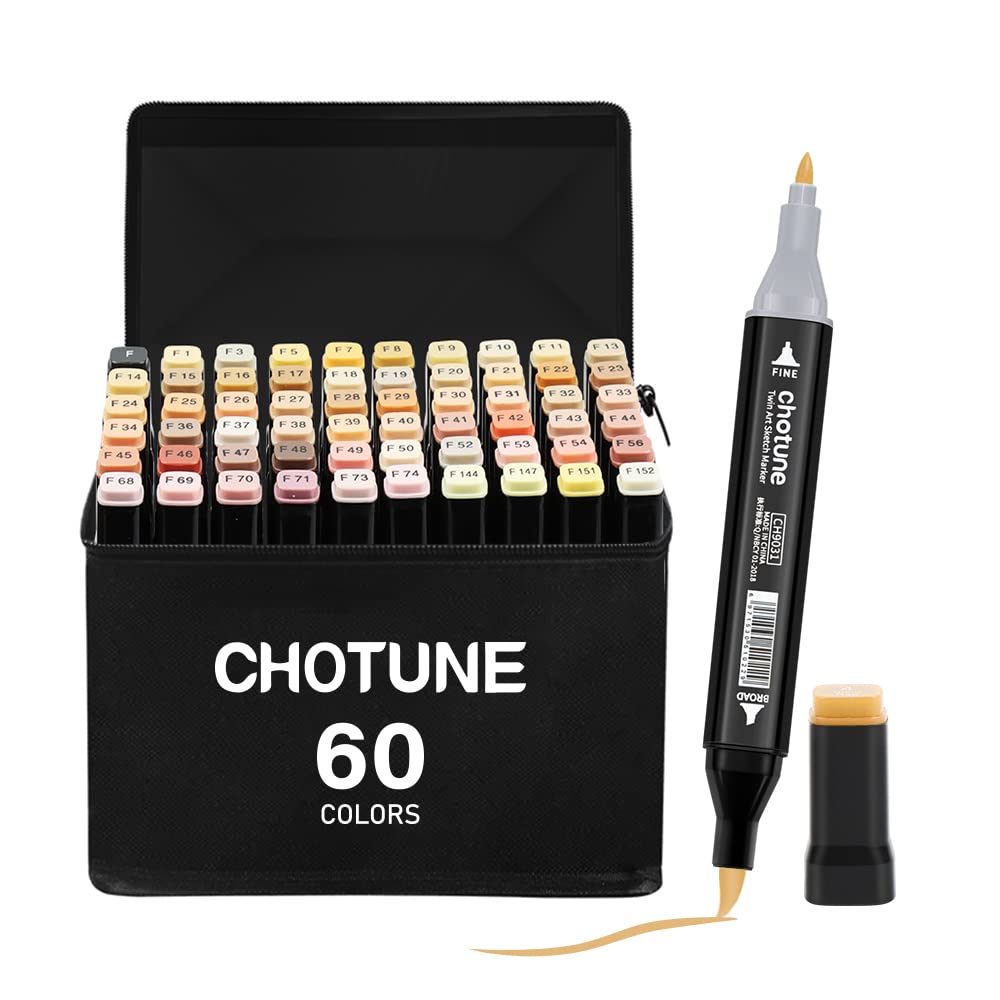 CHOTUNE Alcohol Markers Set, 60 Skin Colors Soft Tip Permanent Marker Pen, Quick Drying, Easy Mix for Sketching and Illustration with Black Handbag and Base