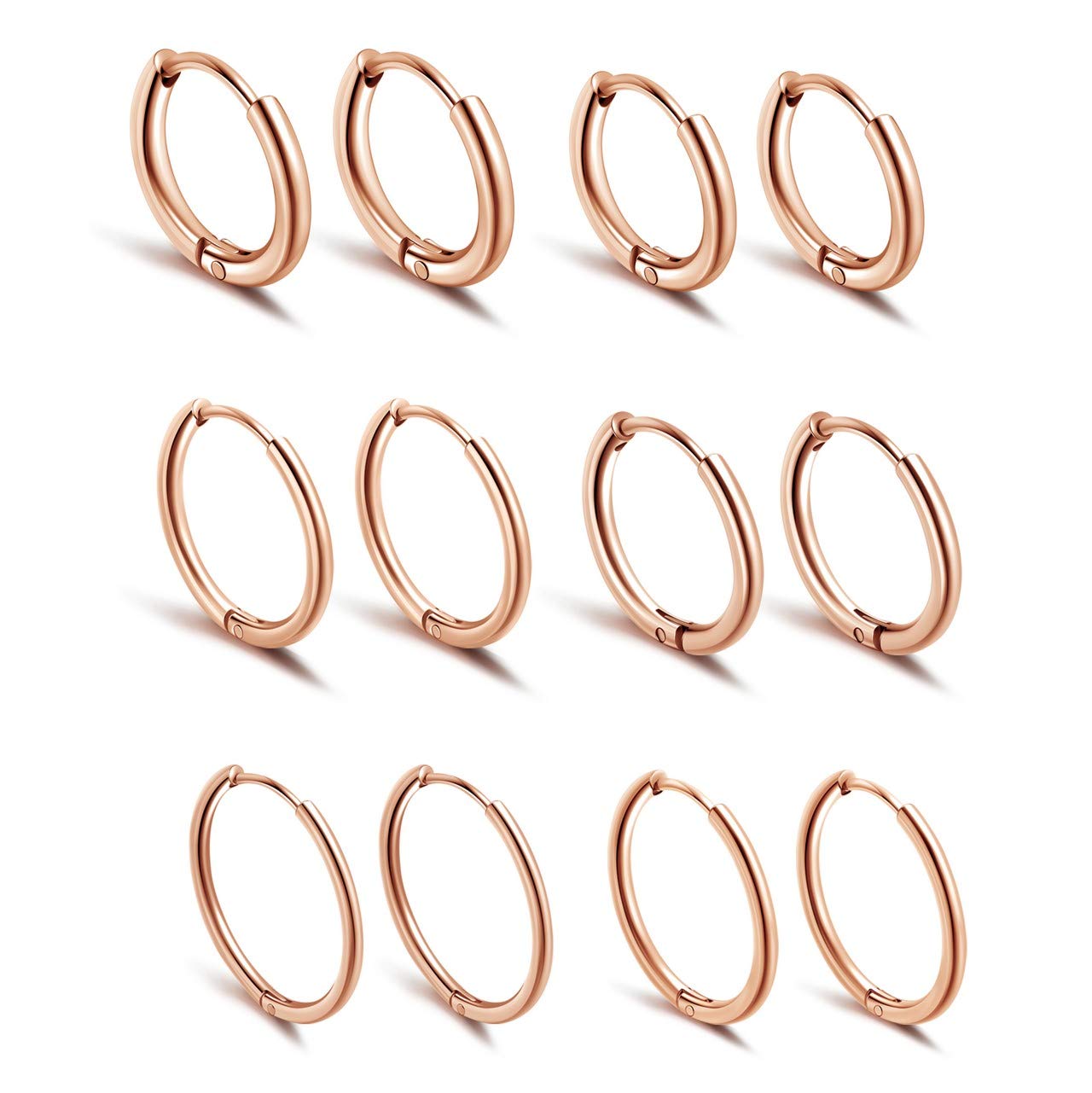 JSDDE 12 Pieces Surgical Steel Hoop Earrings Set Folding Hoop Earrings Fake Plugs Ear Piercing Helix Cartilage Bar Hoop Ring Stud Earrings Huggie Hoop Earrings 6-16 mm, 6-16mm, Stainless Steel