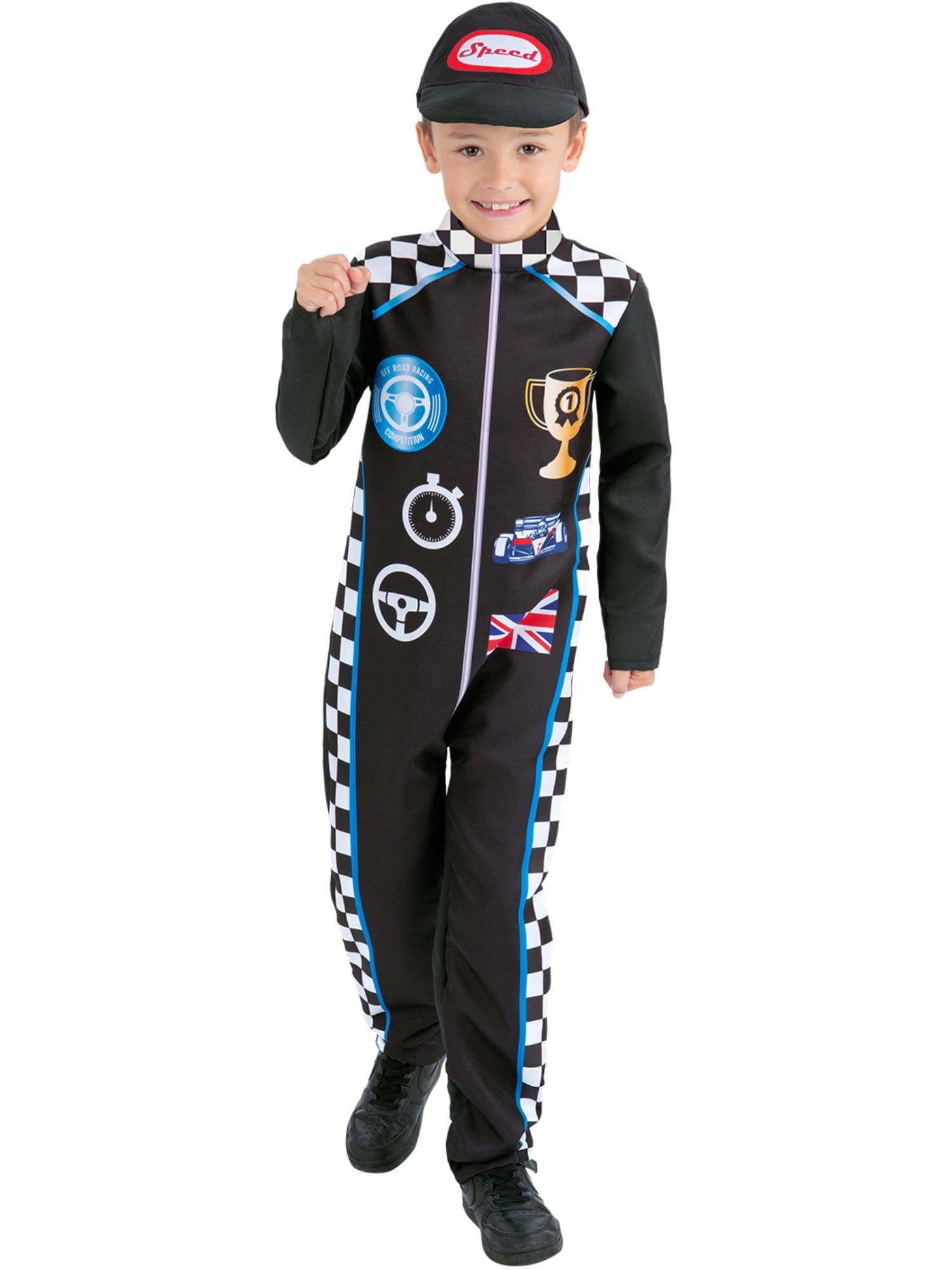 Smiffys Kids Racing Driver Costume, Black and Chequered Jumpsuit with Motif Details and Matching Cap, Children’s Fancy Dress Outfit for Parties, Role Play and World Book Day Age 7-9