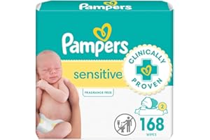 Pampers Sensitive Baby Wipes, Water Based, Hypoallergenic and Unscented, 2 Flip-Top Packs (168 Wipes Total)
