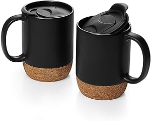 DOWAN Coffee Mugs Set of 2, 15 OZ Ceramic Mug with Insulated Cork Bottom and Splash Proof Lid, Large Coffee Mug with Handle for Men, Women, Matte Black