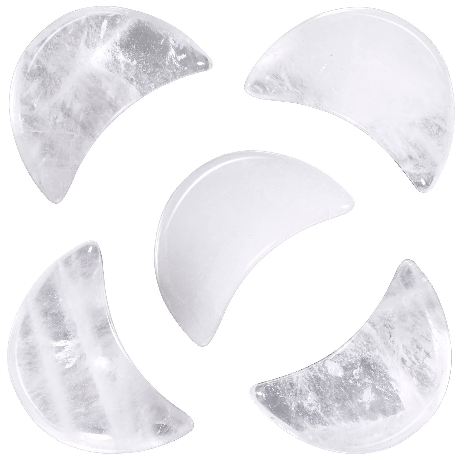 mookaitedecor Set of 5 Clear Quartz Moon Shape Palm Worry Stones for Anxiety and Jewellery Making, Stone Pendant for DIY Necklace, Reiki Chakra Healing Crystals Semi Precious Stones for Home Decor