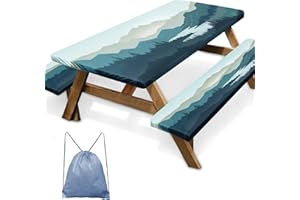 Britown Picnic Table Cover with Bench Covers Elastic Edges, Mountain Landscape Fitted Table Cover, Outdoor Patio Camping Essentials 72 Inch 3PCS, Waterproof Fitted Tablecloth with Drawstring Bag