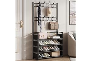 Jurbnlp 4 Tier Entryway Coat Rack, Coat and Shoe Rack, Coat Rack with Shoe Storage Coat Rack Freestanding with 8 Hooks for Bedroom, Hallway, Office（ Black，31.5" D x 11.8" W x 63" H）