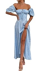 Women's Summer Puff Sleeve Floral Split Maxi Dress