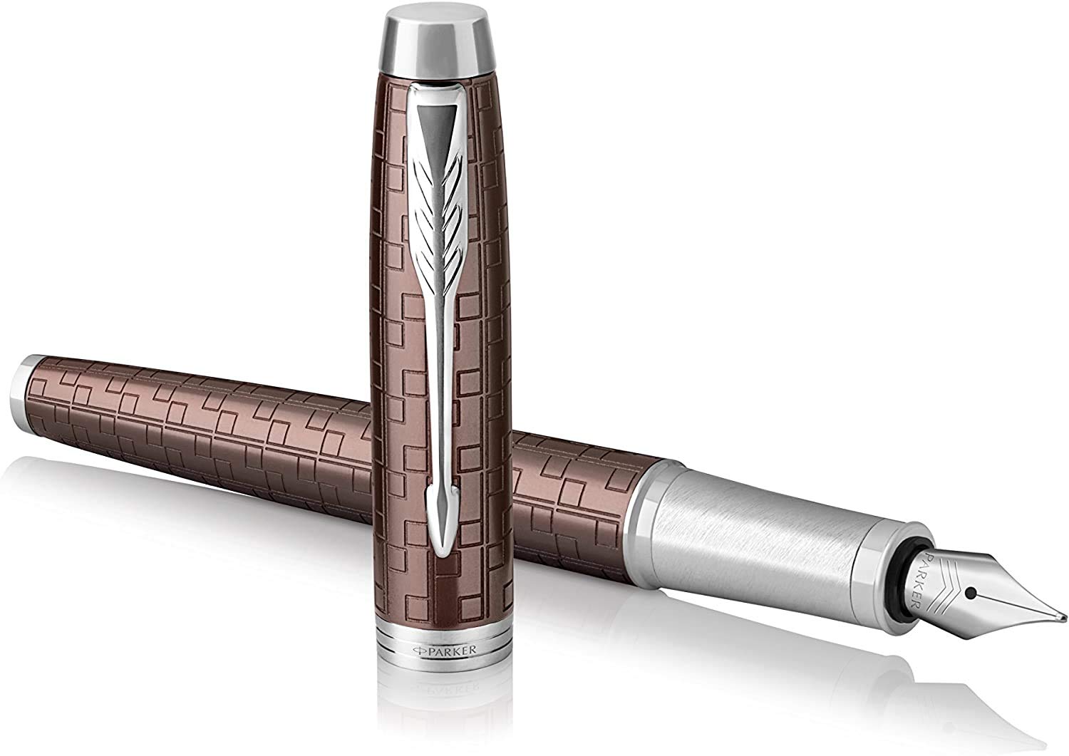 Parker IM Premium Metal Fountain Pen - Metallic Brown with Chiselled Engraved Pattern - Fine Nib - Blue Ink- Gift Boxed