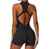 ECUPPER Women Backless Workout Jumpsuits One Piece Sleeveless Gym Rompers Zip Up Tummy Control Scrunch Shorts Yoga Bodysuit