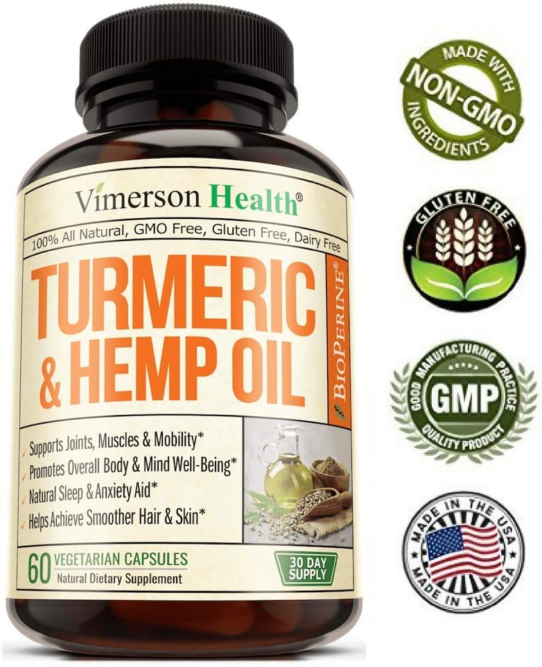 Turmeric Curcumin with Hemp Oil Powder and Bioperine. Joint Pain Relief, Anti Inflammator. Stress and Sleep Support Supplement with Curcuminoids and Black Pepper. 60 Capsules: Health & Personal Care